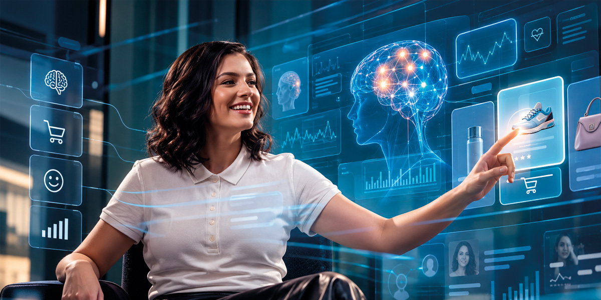 Executiva interage com painel de dados que mostra sinais de compra e atividade cerebral